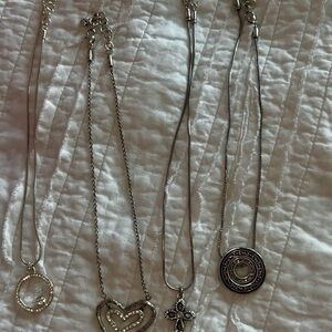 Brighton Necklace Lot 4 Silver Tone Crystal Heart Cross Circle Scroll Pendants